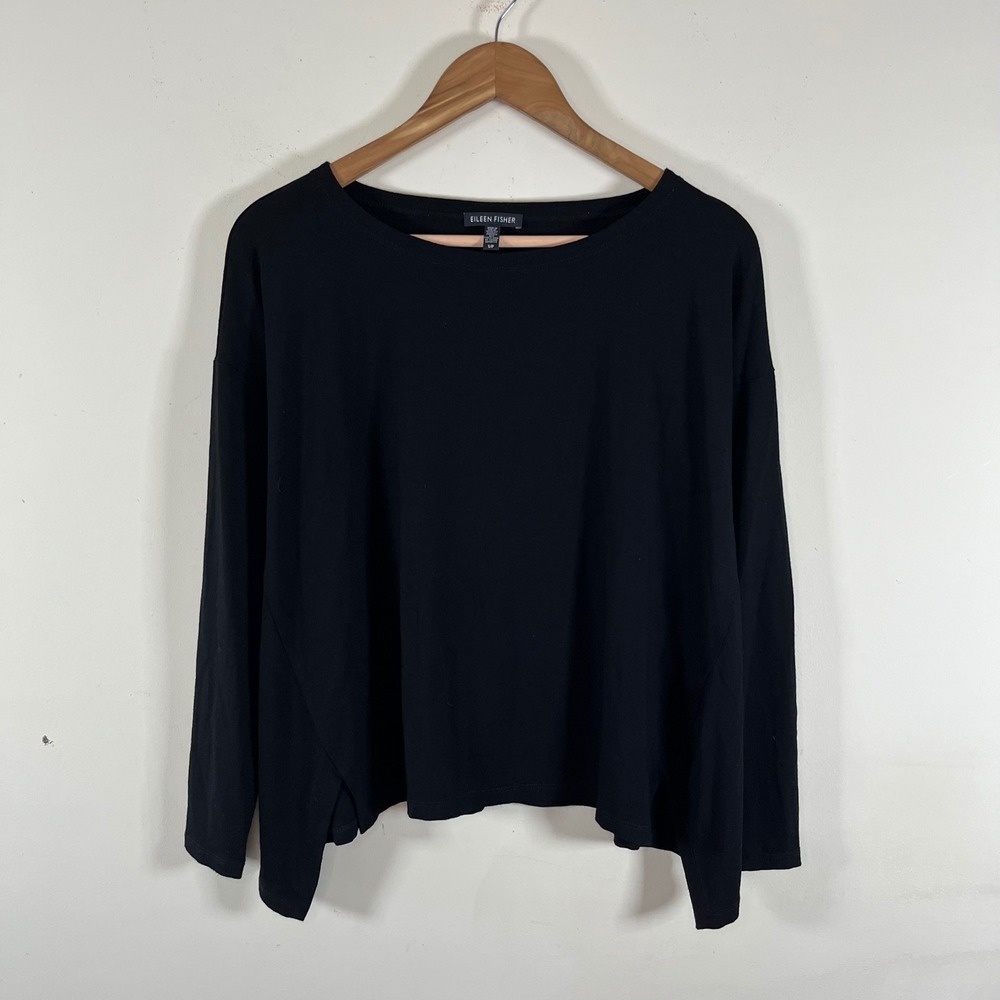 Eileen Fisher Oversized Round Neck Boxy Long Sleeve Top Black Asymmetrical Hem